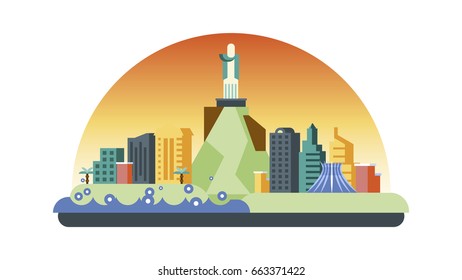 Vector illustration background icon in flat style architecture buildings town country travel Brazil South America, Rio de Janeiro statue Christ Savior, top mountain Corcovado, skyscrapers, welcome