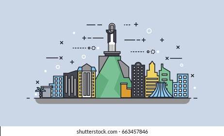 Vector illustration background icon linear style architecture buildings town country travel Brazil South America, Rio de Janeiro statue Christ Savior, top mountain Corcovado, skyscrapers, welcome