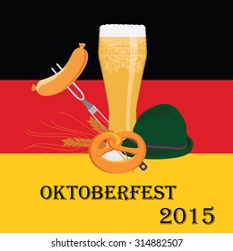 Vector illustration, background ideal for german beer festival oktoberfest with beer cup, sausage on fork, pretzel, german green hat and wheat