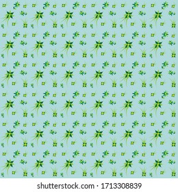 vector illustration background image seamless texture on the theme of spring and heat, flowers, leaves, grass in green shades on a pale blue field