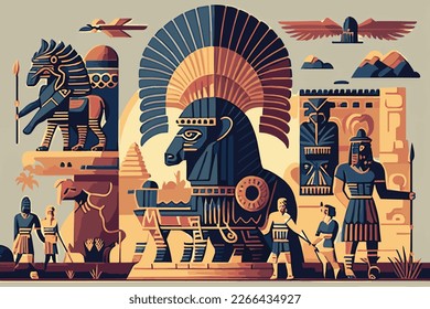 vector illustration background image of Sumerian civilization with symbols, statues, monuments.  