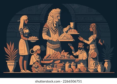 vector illustration background image of Sumerian civilization with symbols, statues, monuments.  