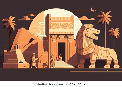 vector illustration background image of Sumerian civilization with symbols, statues, monuments.  