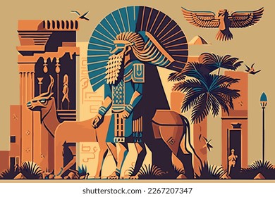 vector illustration background image of Sumerian civilization with symbols, statues, monuments.  