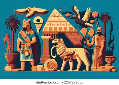 vector illustration background image of Sumerian civilization with symbols, statues, monuments.  