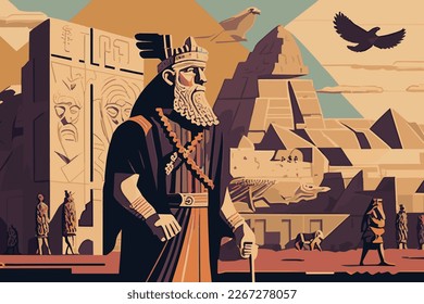 vector illustration background image of Sumerian civilization with symbols, statues, monuments.  