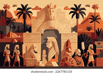 vector illustration background image of Sumerian civilization with symbols, statues, monuments.  