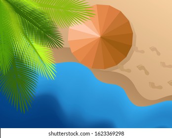 Vector illustration of background image. Two lovers walking under a large umbrella and leaving their footprints in the sand along the seashore. Concept