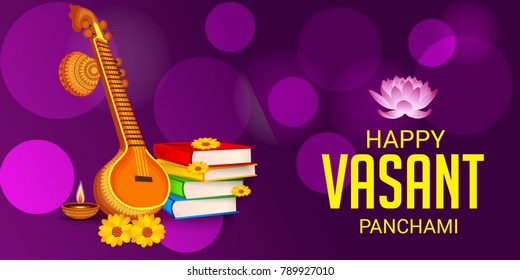 Vector illustration of a Background with instrument Veena for Happy Vasant Panchami Celebration.