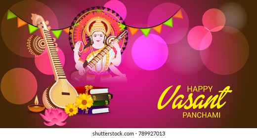Vector illustration of a Background with instrument Veena for Happy Vasant Panchami Celebration.