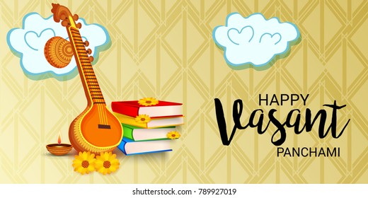 Vector illustration of a Background with instrument Veena for Happy Vasant Panchami Celebration.