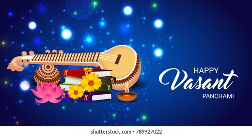 Vector illustration of a Background with instrument Veena for Happy Vasant Panchami Celebration.
