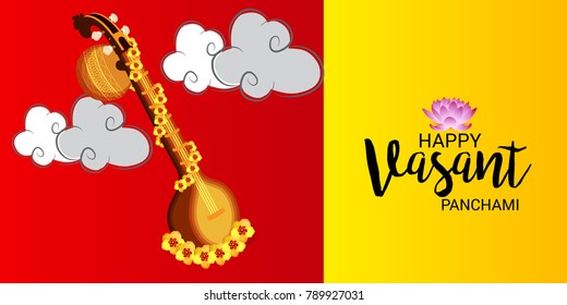 Vector illustration of a Background with instrument Veena for Happy Vasant Panchami Celebration.