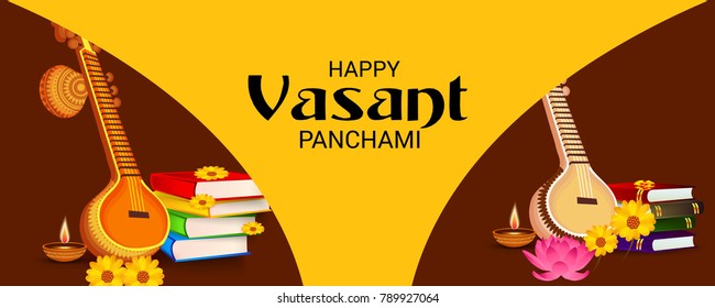 Vector illustration of a Background with instrument Veena for Happy Vasant Panchami Celebration.