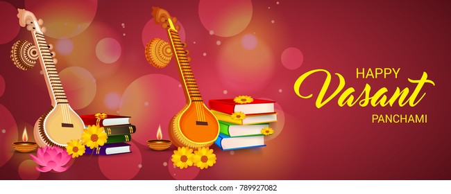 Vector illustration of a Background with instrument Veena for Happy Vasant Panchami Celebration.