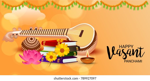 Vector illustration of a Background with instrument Veena for Happy Vasant Panchami Celebration.