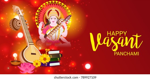 Vector illustration of a Background with instrument Veena for Happy Vasant Panchami Celebration.