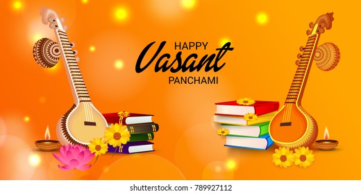 Vector illustration of a Background with instrument Veena for Happy Vasant Panchami Celebration.