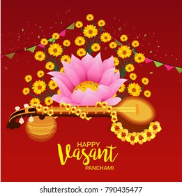 Vector illustration of a Background with instrument Veena for Happy Vasant Panchami Celebration.