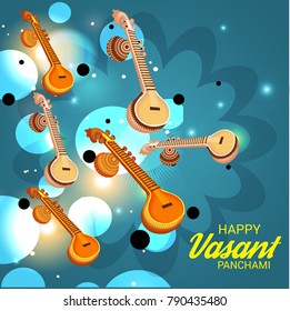Vector illustration of a Background with instrument Veena for Happy Vasant Panchami Celebration.
