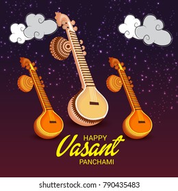 Vector illustration of a Background with instrument Veena for Happy Vasant Panchami Celebration.