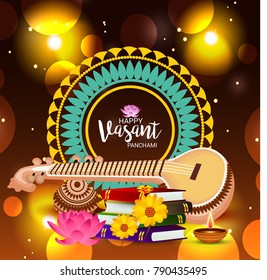 Vector illustration of a Background with instrument Veena for Happy Vasant Panchami Celebration.