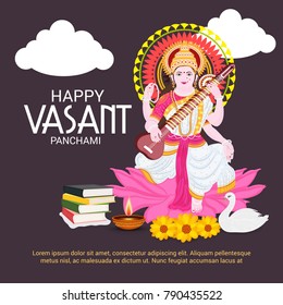 Vector illustration of a Background with instrument Veena for Happy Vasant Panchami Celebration.