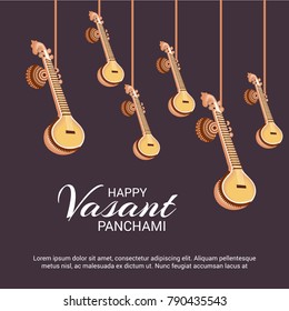 Vector illustration of a Background with instrument Veena for Happy Vasant Panchami Celebration.