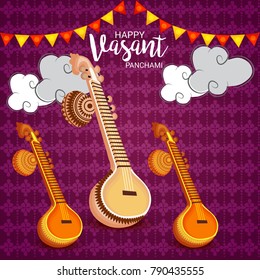 Vector illustration of a Background with instrument Veena for Happy Vasant Panchami Celebration.