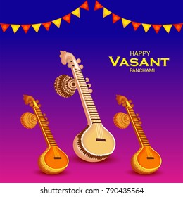 Vector illustration of a Background with instrument Veena for Happy Vasant Panchami Celebration.