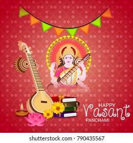 Vector illustration of a Background with instrument Veena for Happy Vasant Panchami Celebration.