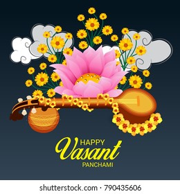 Vector illustration of a Background with instrument Veena for Happy Vasant Panchami Celebration.