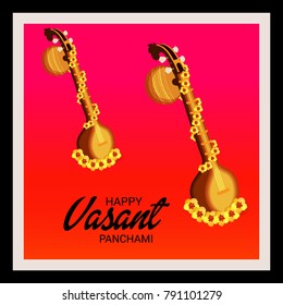 Vector illustration of a Background with instrument Veena for Happy Vasant Panchami Celebration.