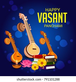 Vector illustration of a Background with instrument Veena for Happy Vasant Panchami Celebration.