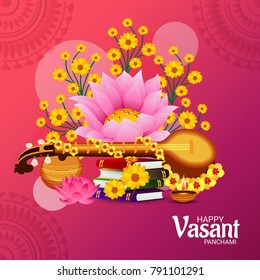Vector illustration of a Background with instrument Veena for Happy Vasant Panchami Celebration.
