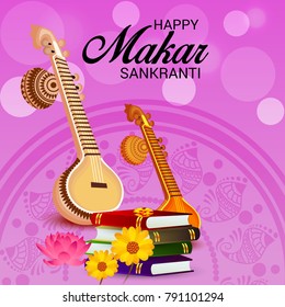 Vector illustration of a Background with instrument Veena for Happy Vasant Panchami Celebration.