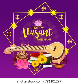 Vector illustration of a Background with instrument Veena for Happy Vasant Panchami Celebration.