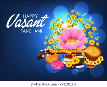 Vector illustration of a Background with instrument Veena for Happy Vasant Panchami Celebration.