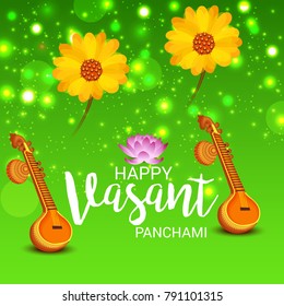 Vector illustration of a Background with instrument Veena for Happy Vasant Panchami Celebration.
