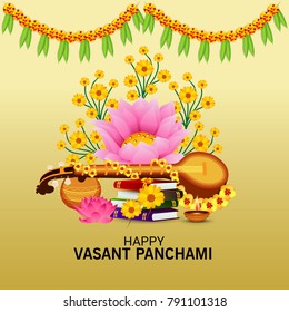 Vector illustration of a Background with instrument Veena for Happy Vasant Panchami Celebration.