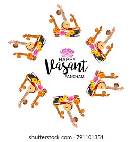 Vector illustration of a Background with instrument Veena for Happy Vasant Panchami Celebration.