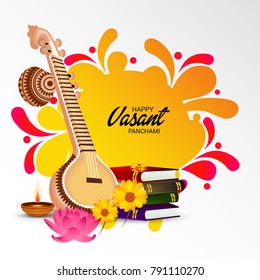 Vector illustration of a Background with instrument Veena for Happy Vasant Panchami Celebration.