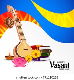 Vector illustration of a Background with instrument Veena for Happy Vasant Panchami Celebration.
