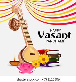 Vector illustration of a Background with instrument Veena for Happy Vasant Panchami Celebration.