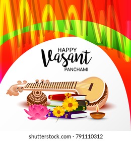 Vector illustration of a Background with instrument Veena for Happy Vasant Panchami Celebration.