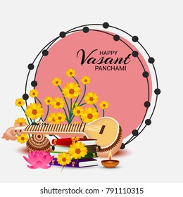 Vector illustration of a Background with instrument Veena for Happy Vasant Panchami Celebration.