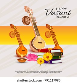 Vector illustration of a Background with instrument Veena for Happy Vasant Panchami Celebration.