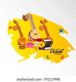 Vector illustration of a Background with instrument Veena for Happy Vasant Panchami Celebration.