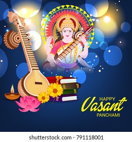 Vector illustration of a Background with instrument Veena for Happy Vasant Panchami Celebration.