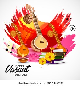 Vector illustration of a Background with instrument Veena for Happy Vasant Panchami Celebration.